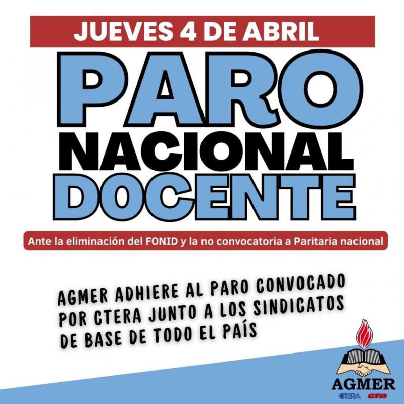 AGMER adhiere al paro nacional de este jueves