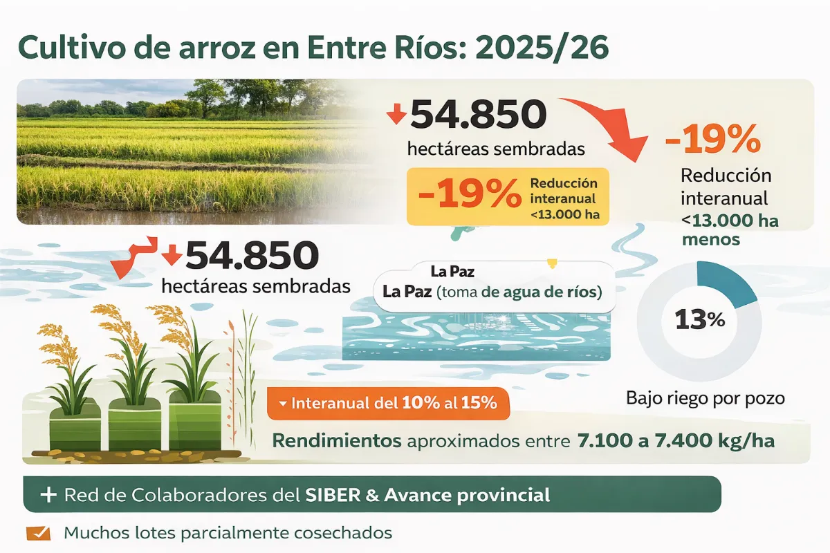 La superficie arrocera en Entre Ríos cayó 19% en la campaña 2025/26 La superficie arrocera en Entre Ríos cayó 19% en la campaña 2025/26