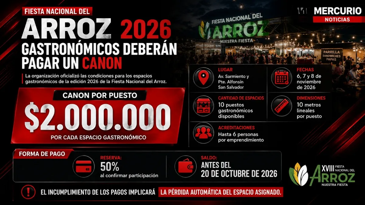 Fiesta nacional del Arroz: gastronómicos deberán pagar un canon de 2 millones de pesos para participar Fiesta nacional del Arroz: gastronómicos deberán pagar un canon de 2 millones de pesos para participar